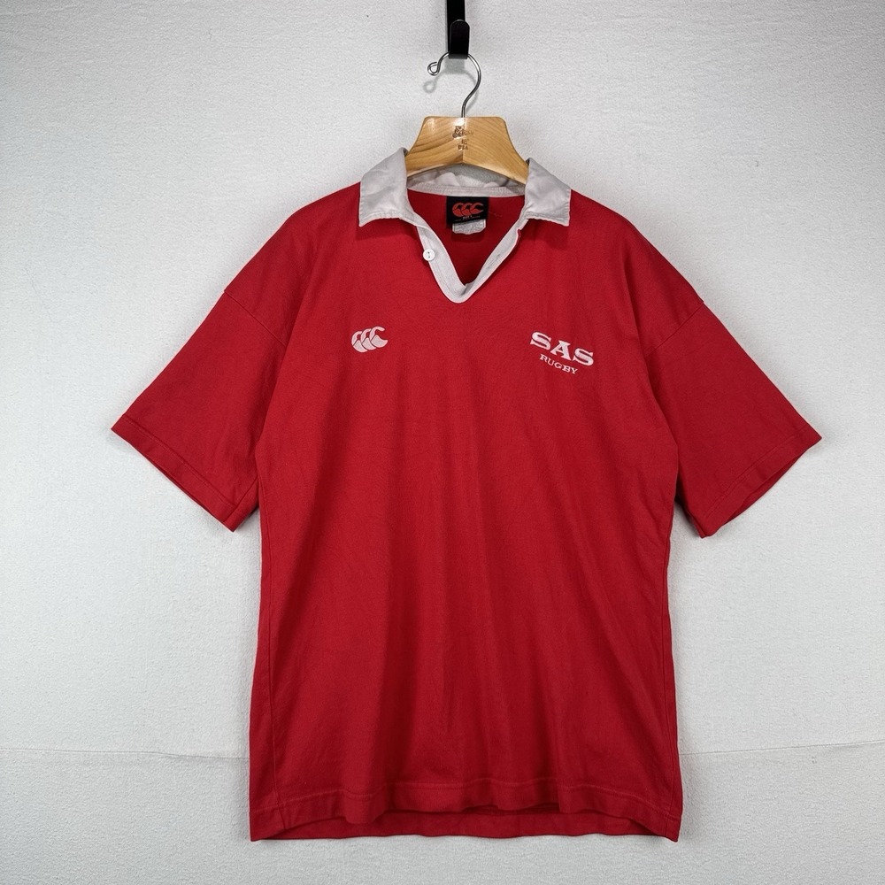 80's Vtg Canterbury South Africa SAS Rugby Polo Shirt Red White Collar #25 Men L